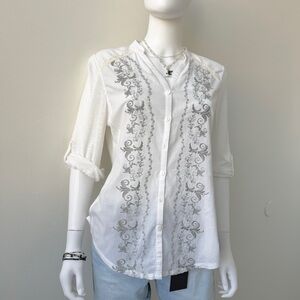 Sundance White Embroidered Button-Front Blouse | Roll-Tab Sleeves | Boho Artisan